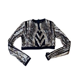 Banjul Crop Top Women‎ Black Gold Silver Sequin Geometric Long Sleeve SIZE Small